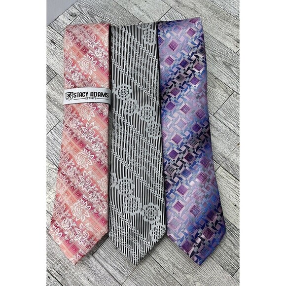 Mens Neck Tie Lot Of 3 Neckties Purple Peach Gray Stacey Adams Spring/Summer - Picture 1 of 8